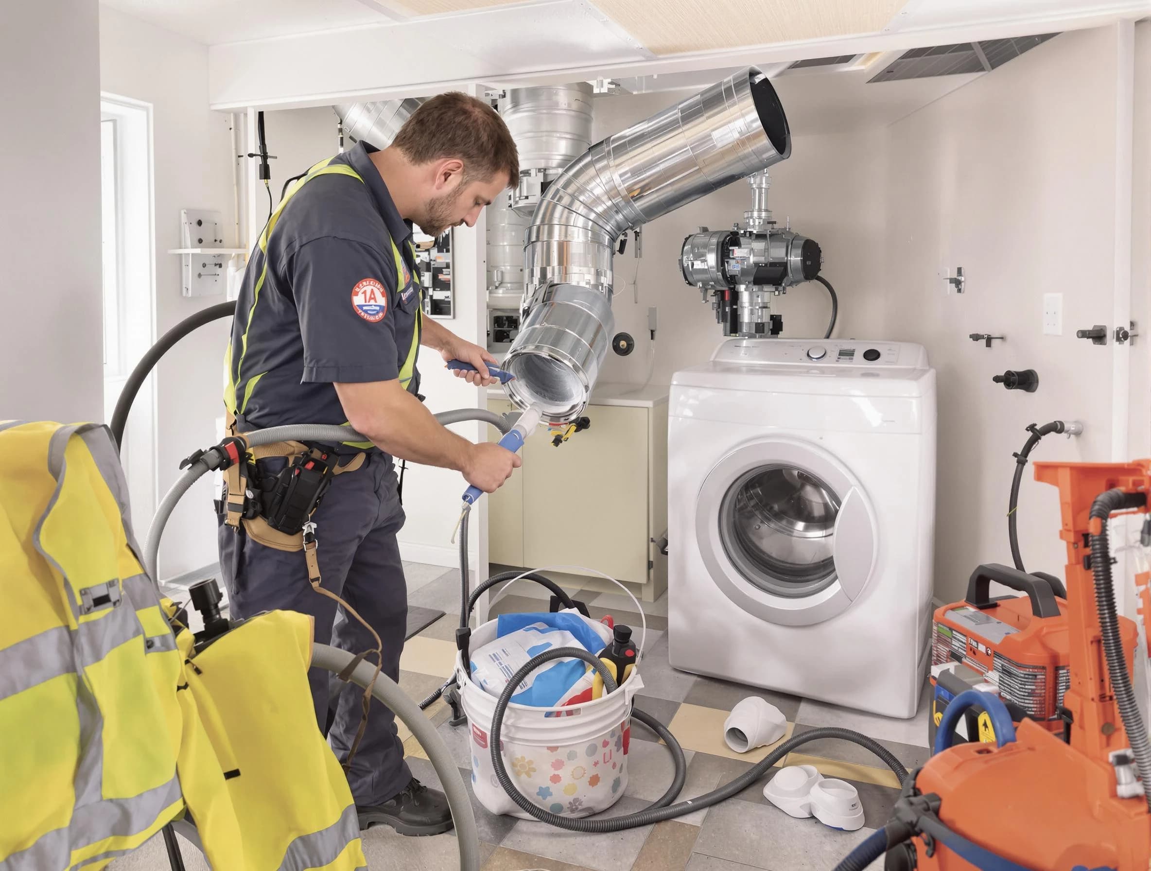 Rancho Cucamonga Dryer Vent Cleaning technician using specialized equipment to clear severe dryer vent blockage in Rancho Cucamonga